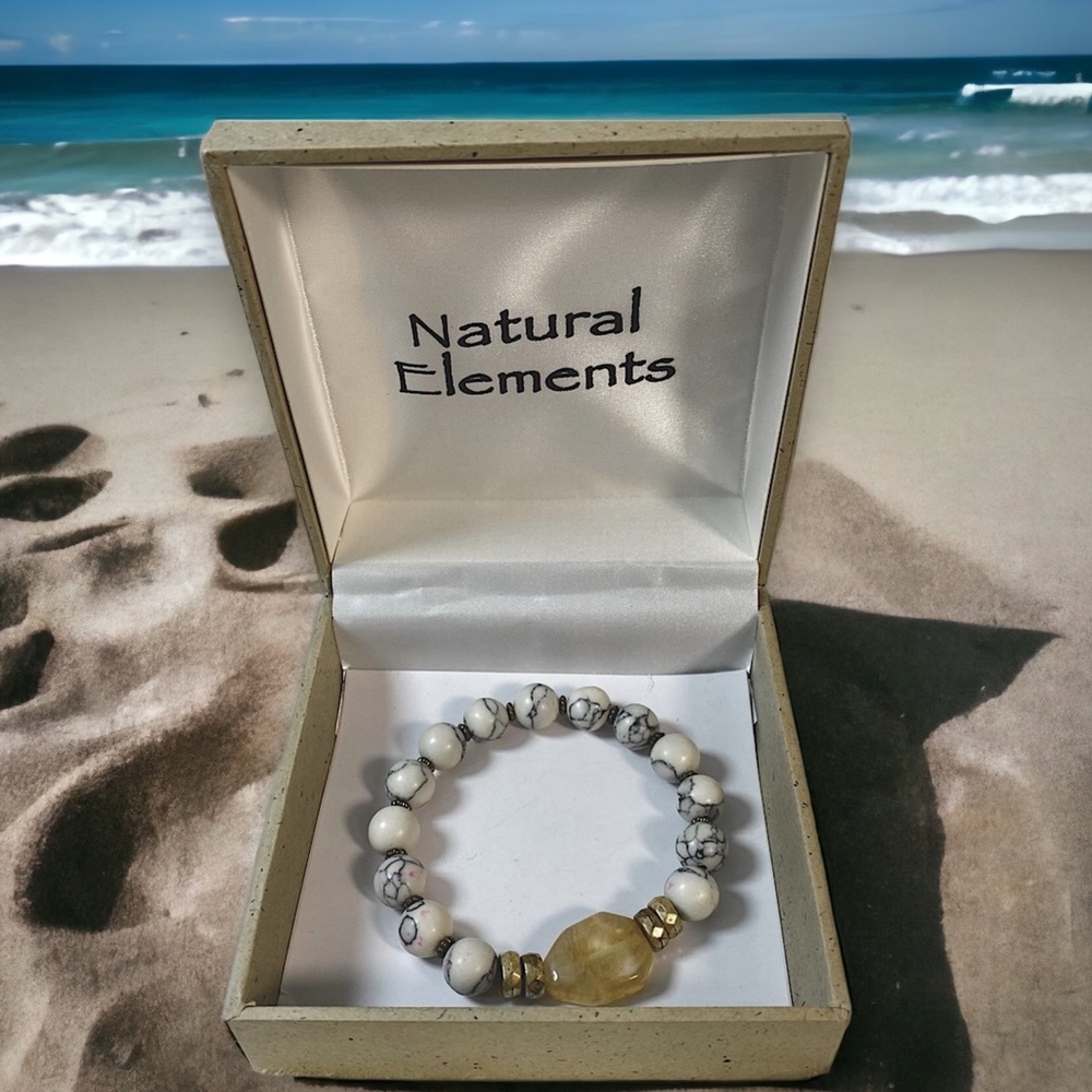 stone bead rutilated quartz healing stones stretch bracelet NIB unisex Natural